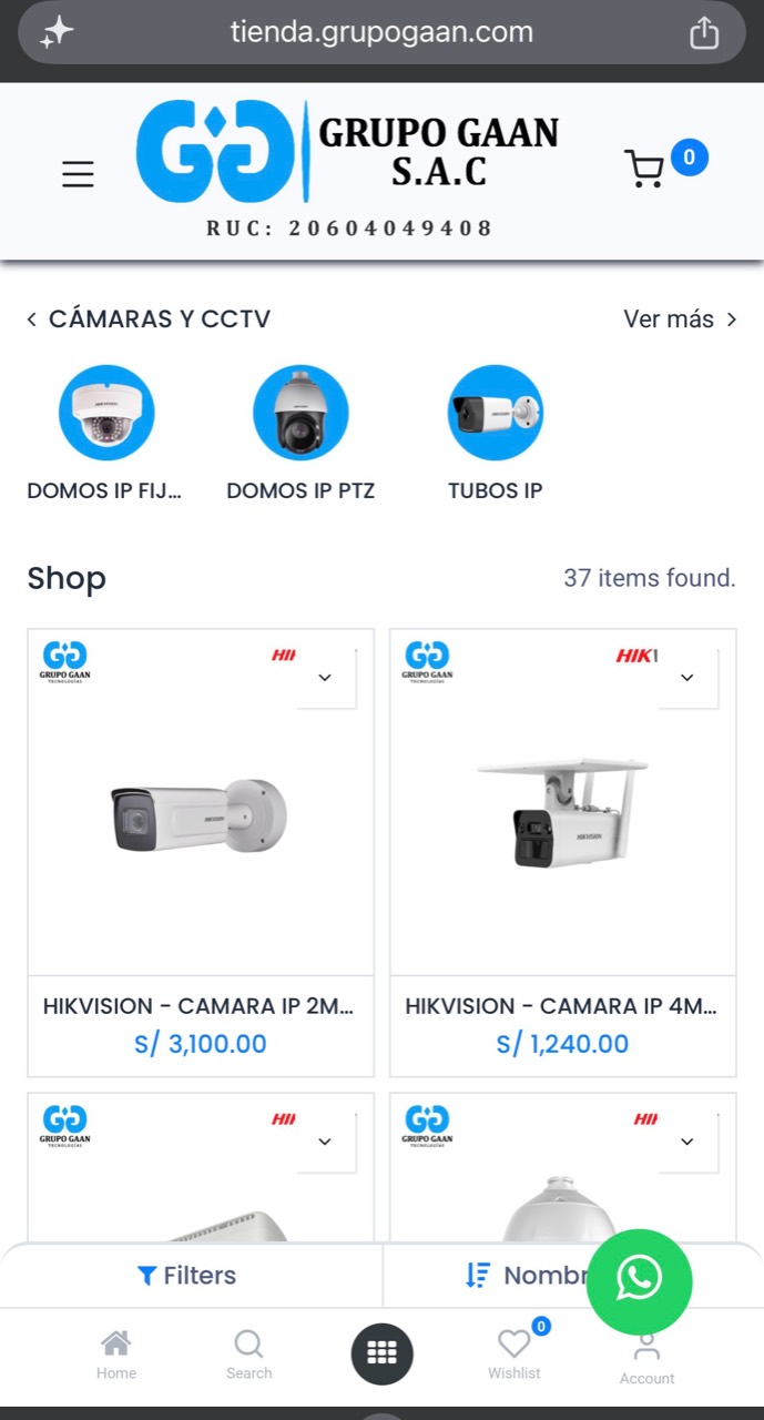 Captura de tienda online de GRUPO GAAN con catálogo y productos