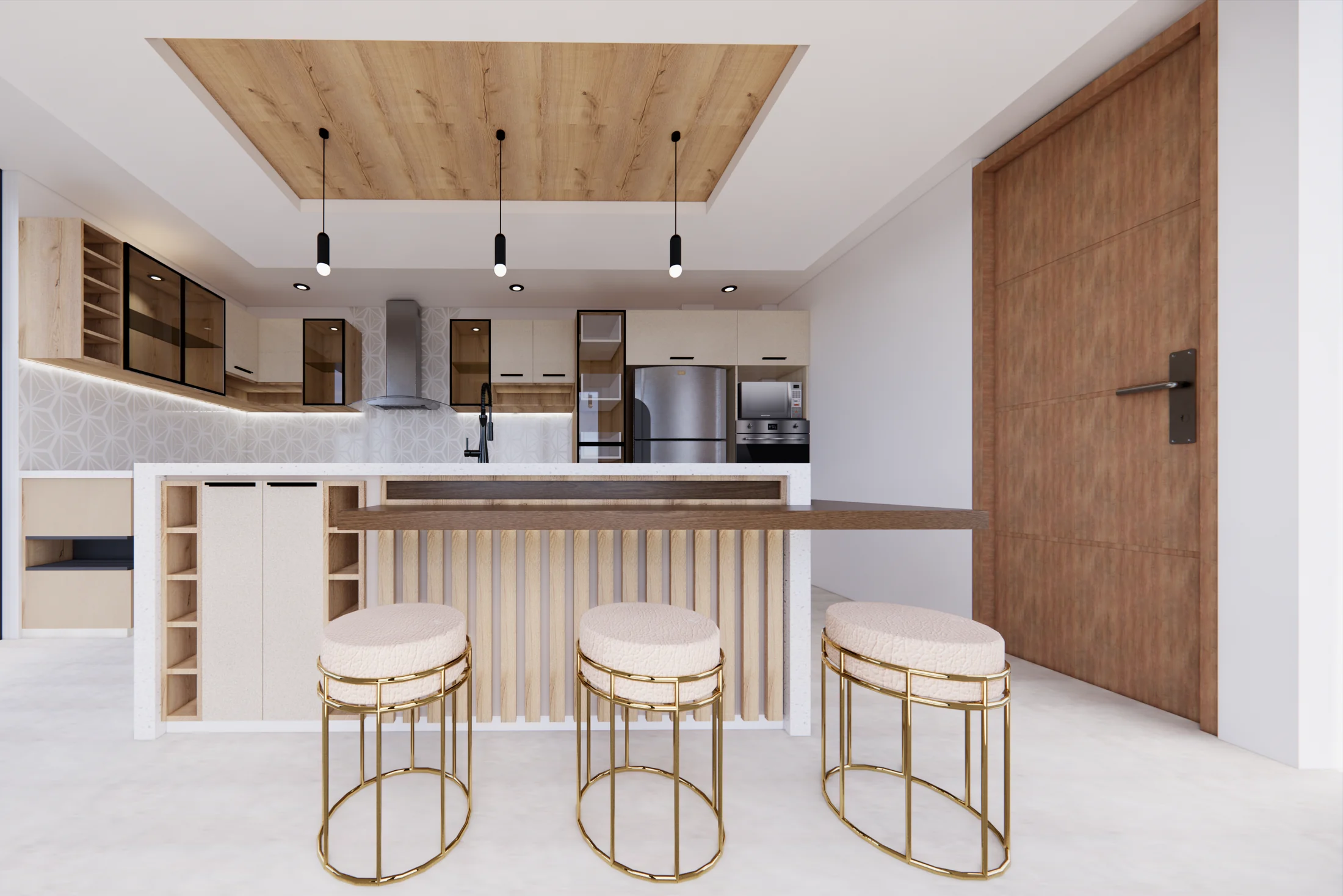 Render de cocina con mobiliario diseñado a medida