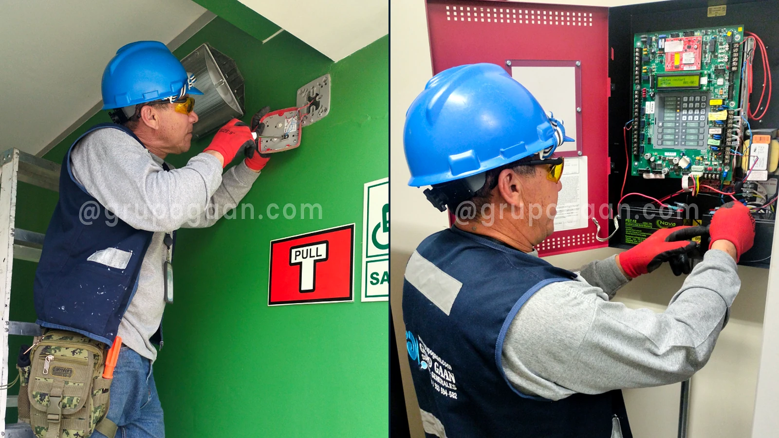 Técnico de GRUPO GAAN trabajando en un sistema de detección y alarma contra incendios
