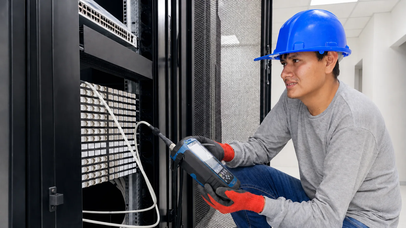 Técnico de GRUPO GAAN certificando enlaces de cableado estructurado