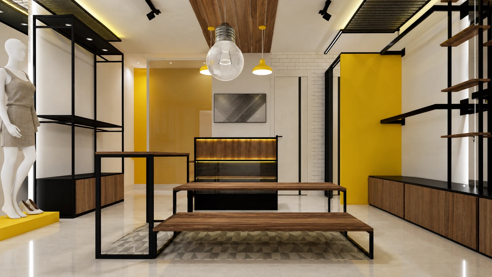 Interior comercial con mobiliario de exhibición en madera y estructura metálica