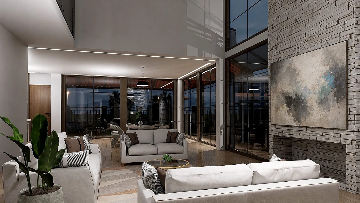 Proyecto de diseño interior con sala de doble altura, circulación, iluminación y materiales coordinados