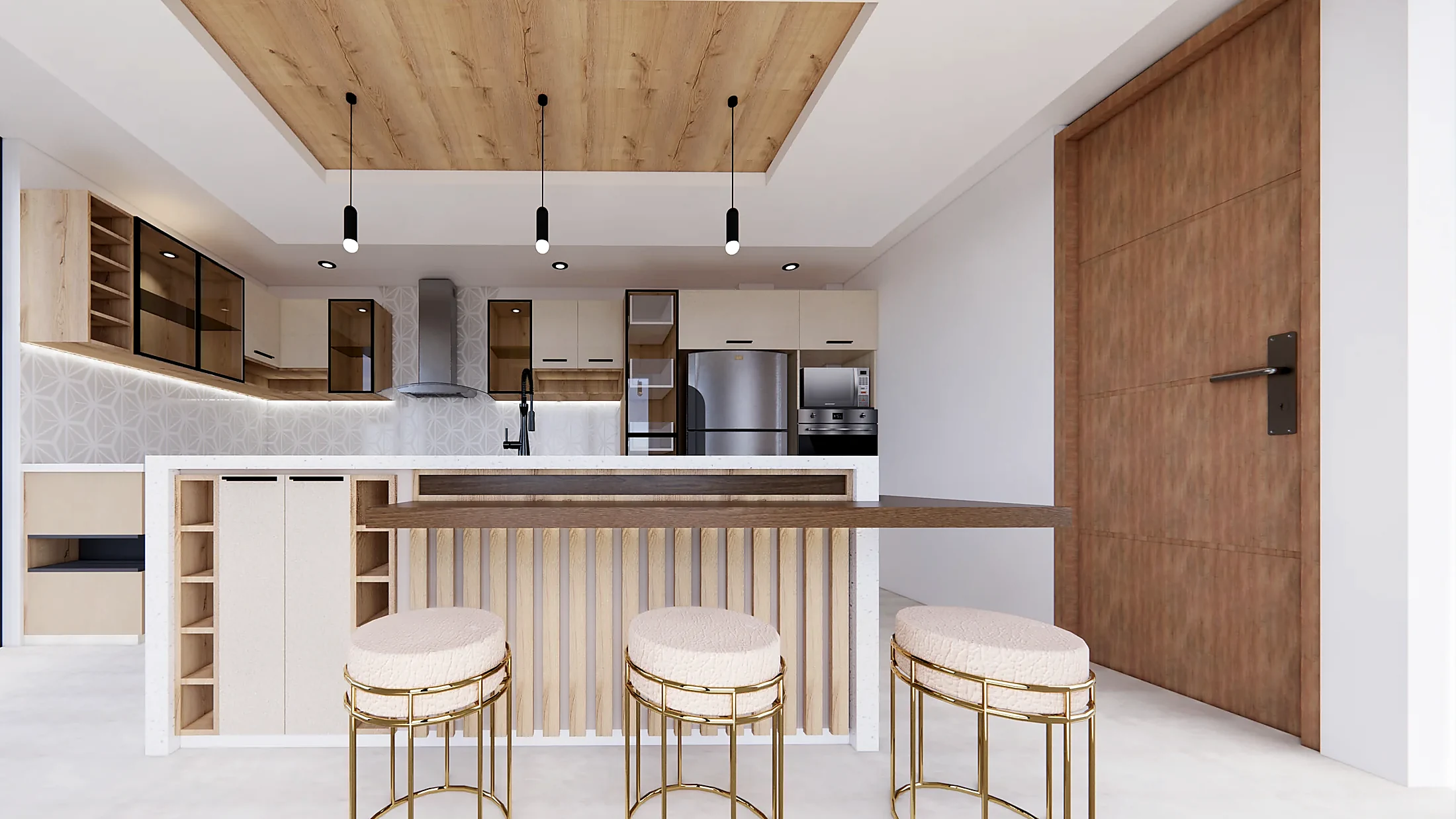 Proyecto de cocina con barra, mobiliario, iluminación y electrodomésticos coordinados
