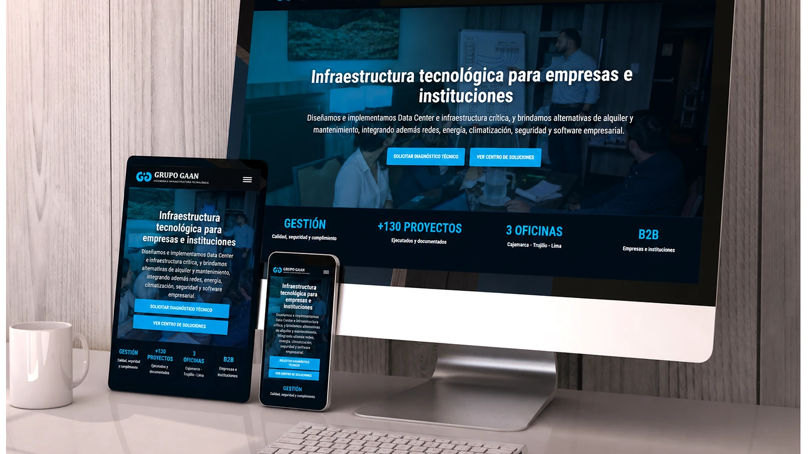 Sitio web corporativo de GRUPO GAAN presentado en computadora, tableta y teléfono móvil